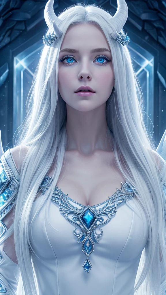 An ice goddess with white hair and lightning surrounds her, Full body, Perfect face with soft skin and nice perfect face, concept art portrait by greg rutkowski, ArtGerm, hyperdetailed intricately detailed gothic art trending on artstation triadic colors, Fantastical, intricate detailes, Splash Screen, Complementary color scheme, Fantasy concept art, 8K resolution, deviantart masterpiece, Oil Painting, heavy strokes,