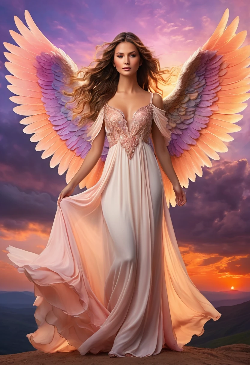 Create an image of a female angel with large, detailed wings standing against a dramatic sunset sky. The scene should have a warm, ethereal glow with soft hues of pink, orange, and purple in the background. The angel's wings should be expansive, detailed with individual feathers, and blend harmoniously with the sky's colors. She should have long, flowing hair and be dressed in a flowing gown that complements the serene and divine atmosphere of the scene.
