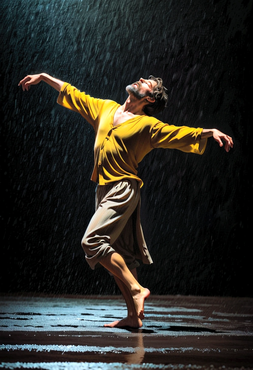 Soul Dancer Mark,A homeless man dancing alone in the moonlight and rain，Barefoot，Loose and worn clothes，Professional Action，Very contagious，Splash，Light and Shadow，Minimalism，artistic conception，Clean background