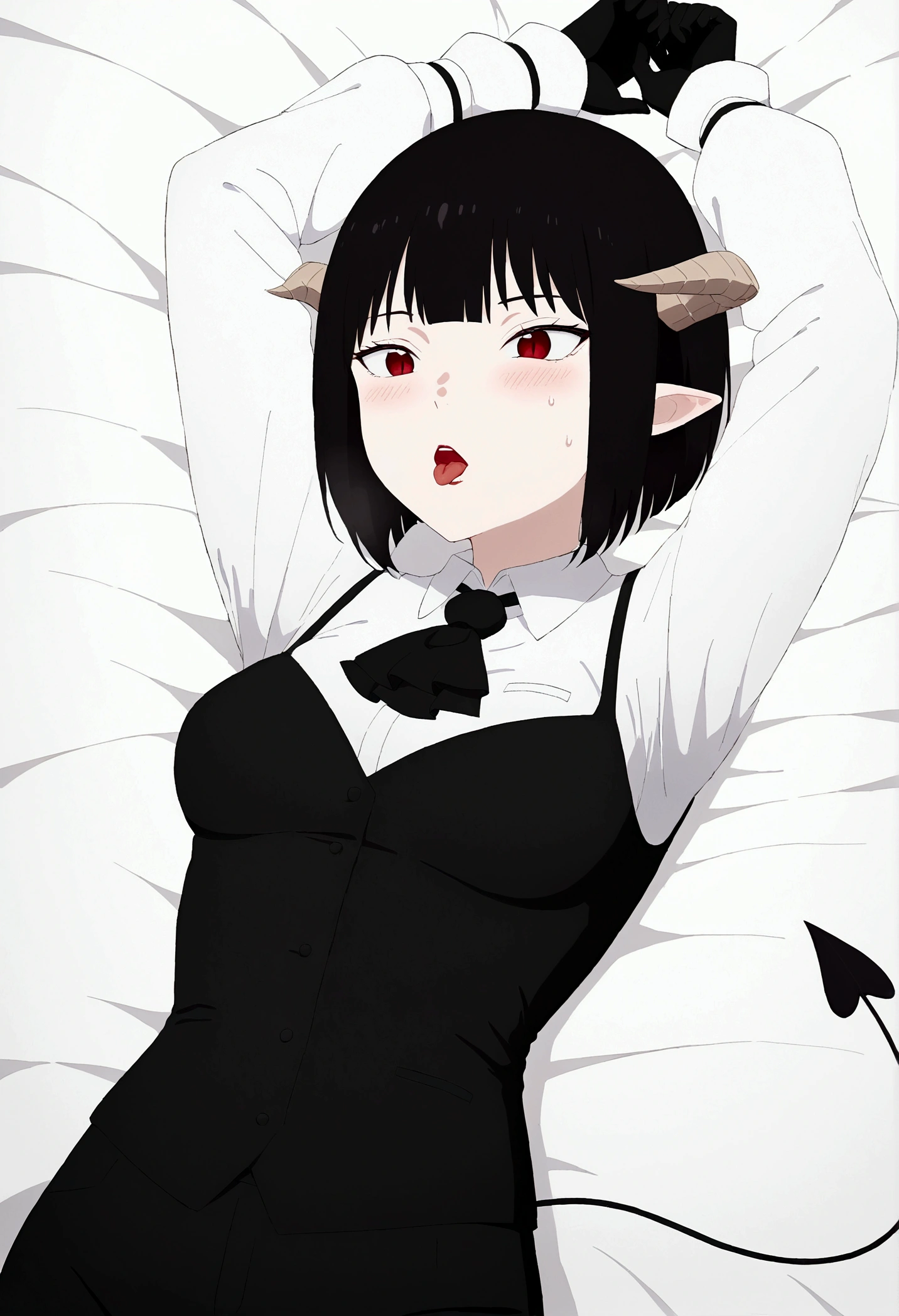 work of art, best qualityer, high resolution, 1girl horns short hair demon tail, white shirt black ascot black gloves black pants black vest lying on your back, sheet, arms up,blushed,face red,Bblack hair,gaping mouth,tongue out,teeths