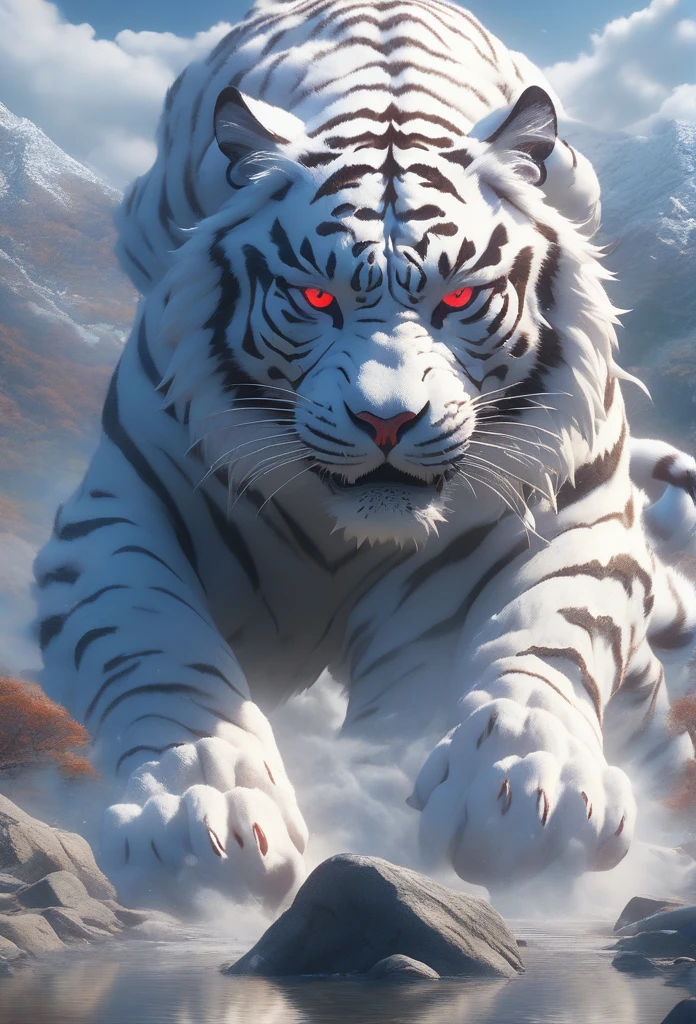 Hyperrealistic art BJ_Sacred_beast, red_eyes, outdoors, horns, mountain, white tiger,  cinematic lighting,strong contrast,high level of detail,Best quality,masterpiece, Extremely high-resolution details, photographic, realism pushed to extreme, fine texture, incredibly lifelike