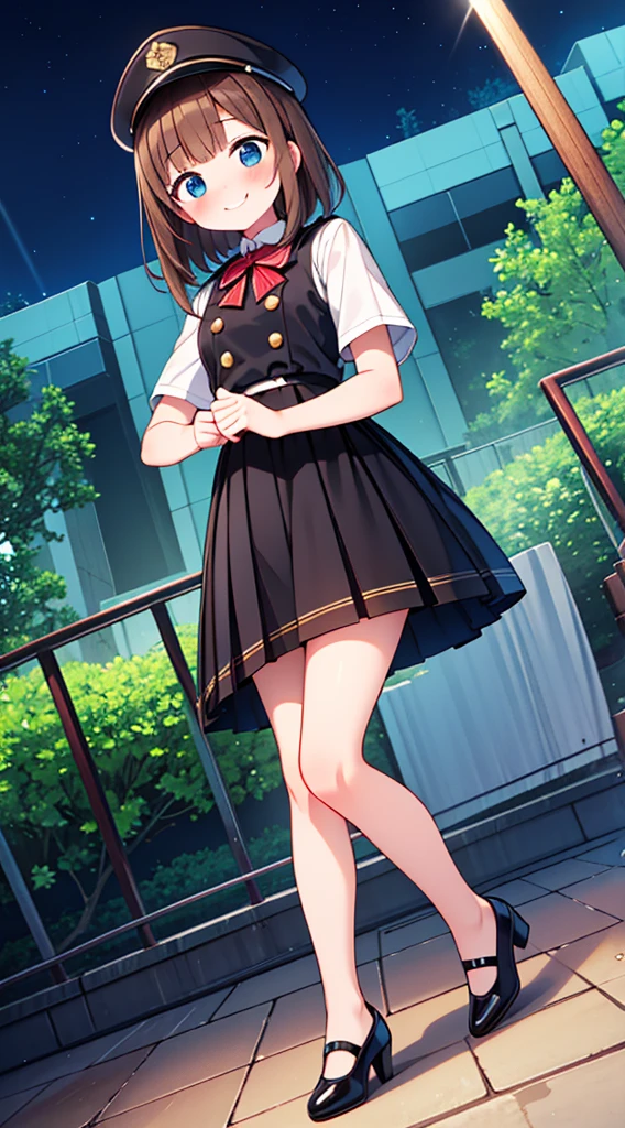 {Highest quality}, {Super beautiful},{Ultra fine},{Best illustration},Brown Hair,Hime cut,semi-long,Bangs,Standing Woman,Uniform cap,White Shirt,Short sleeve,Long black skirt,Night Park,Embarrassed,smilingly,Blushing,Slender women, A woman wearing plain black pumps,Bare feet and pumps,From an angle,From above,pose