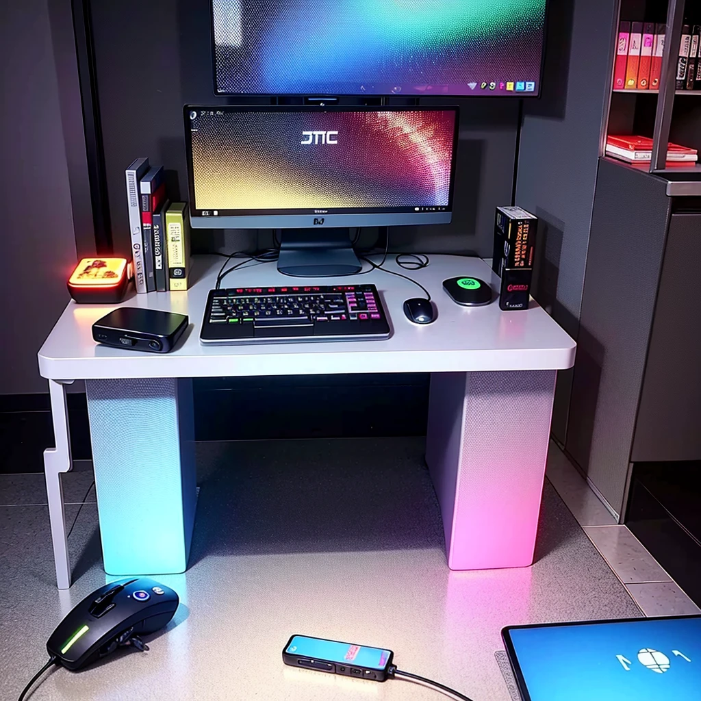 table with an RGB gaming computer seen from the front