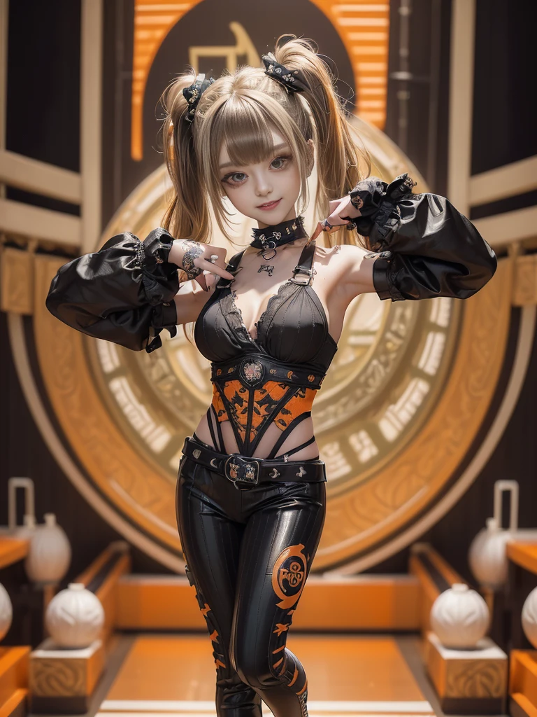 (Full Body View:1.3)、(lotus position:1.1)、(Smiling with teeth showing:1.3),(Shibuya Gal:1.5)、(Gothic ta style fashion:1.5)、(Punk RockVisual Kei:1.5)、(Wearing a rhythmic gymnastics bodysuit with intricate details:1.4)、(Racing suit and pants with intricate white and orange decorations:1.5)、(Yellow, orange and white boots:1.3)、((belt))、(Numerous delicate logo marks all over the costume:1.4)、(collar:1.3)、(Striped underwear:1.5)、30 years old、NSFW、((Highest quality、In 8K、masterpiece:1.3))、Sharp focus:1.2、(Layered Cut、Huge boobs:1.1),Beautiful woman with perfect figure:1.4、(Dancing vigorously:1.3)、Slender Abs:1.2、Highly detailed face and skin texture、Detailed eyes、double eyelid,(Twin tails:1.3)、(Brown-golden hair:1.3)、Gravure idol、(The background is the stage of the fashion show:1.3)、(Slim body:1.3),(Make your legs thinner:1.4),(clavicle:1.1)、(Thin and slim thighs:1.3)
