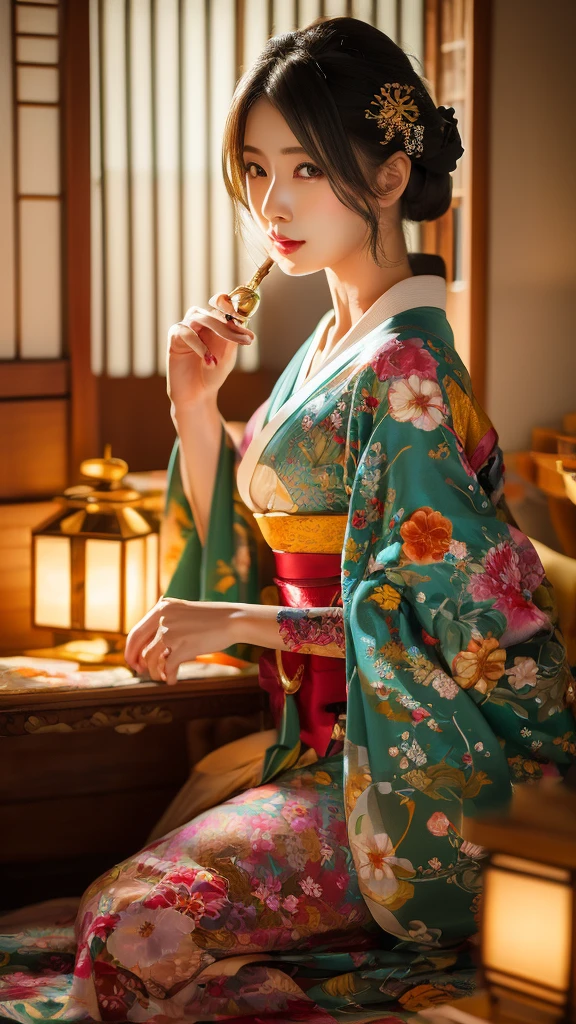 A luxurious Japanese-themed room featuring an elegantly dressed oiran (high-ranking courtesan) sitting gracefully. She is adorned in a vibrant, multi-colored kimono with intricate patterns. Her hair is styled in a traditional manner, decorated with elaborate hairpieces and flowers. The background includes a red paper umbrella and a chest of drawers, while the floor is scattered with a variety of colorful flowers. The setting exudes an opulent and sophisticated atmosphere. The oiran is holding a traditional Japanese kiseru (long smoking pipe) delicately in her hand. The lighting highlights the richness of the colors and the textures of the fabrics, creating a dramatic and visually striking scene.