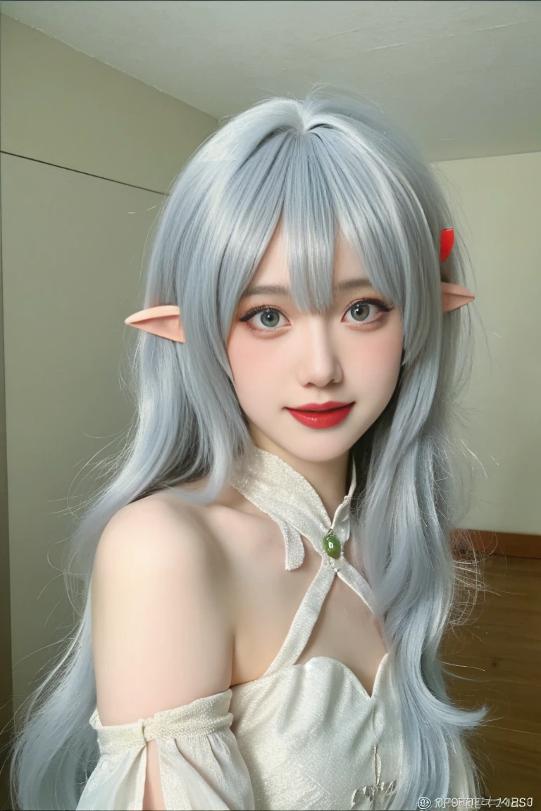 best quality, tmasterpiece,Ultra-high resolution,Clear face,（Reality：1.4），ferpect lighting，(upper body photo), (photorealistic:1.50), anime wallpaper, Guviz style artwork, cover-up fantasy up to magic , by Yang J, Guviz, beautiful artwork illustration, beautiful digital artwork, beautiful digital illustration, Li Song, beautiful anime portrait, art style in Beauvot, 1 girl, blue eyes, 独奏, (looking at viewer), smile, silver hair, long hair, Chinese dress, green dress, bangs, pointed ears, hair ornament,  indoor, Home accessories, hallways, 