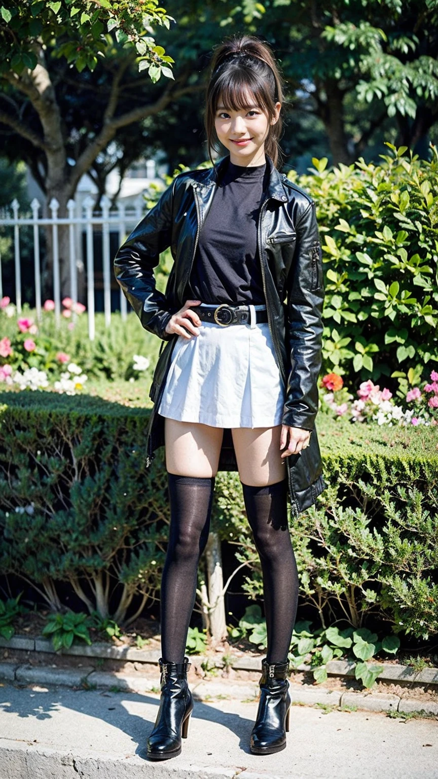 (8K、RAW Photos、Highest quality、masterpiece:1.2)、(Realistic、Realistic)、1 Girl、((mini skirt、Jacket、smile、ponytail、black、Thin legs、whole body、boots、one piece、tights、garden、View from the front、Looking into the camera、belt、Stand with hands on hips))、cute