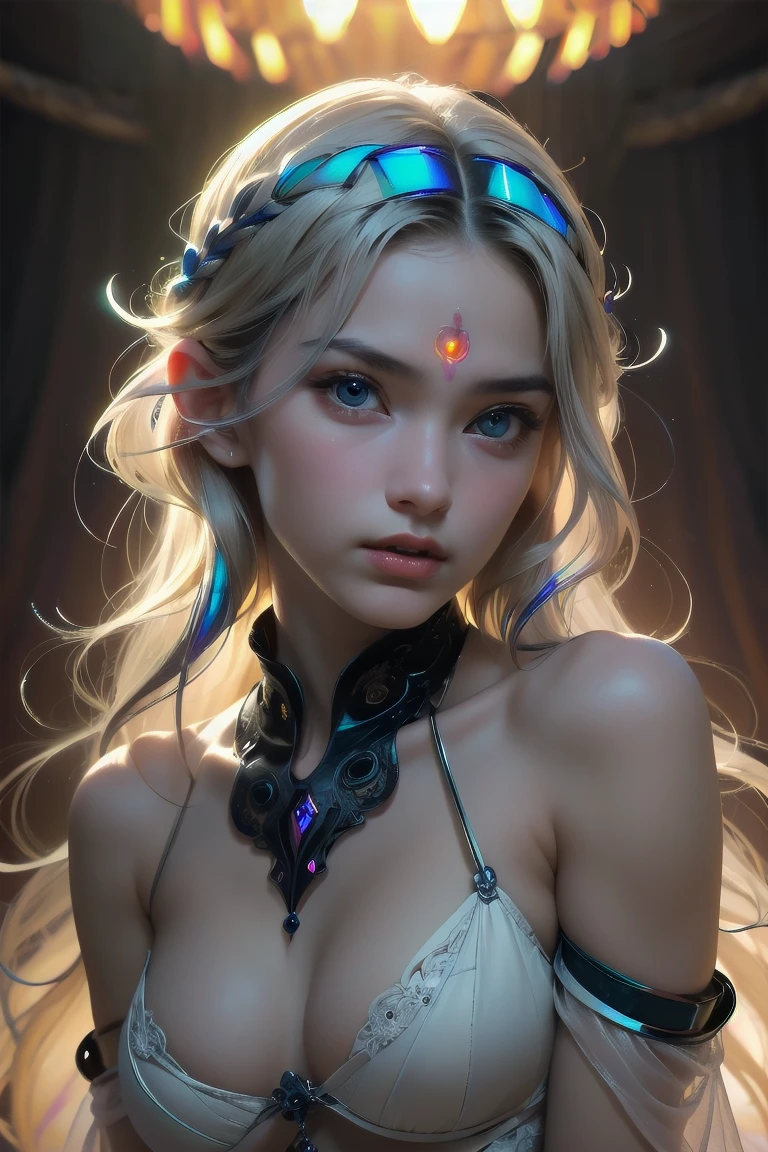 (A female Alien:1.2), extraordinary Beautiful face, (There is a female genital-like organ in the middle of her forehead:1.6), seduces, red eyes, Full body like, A sexy alien, No humans, cells are fused, (Lots of white tentacles), (pale skin:1.3), extraterrestrial, cell, bio image, charming, Best Quality, 8K,4K_quality, high_Definition,Dramatic Lighting, masutepiece:1.5,cinematic quality, detail up, (Intricate details:1.2), high resolution, High Definition, drawing faithfully, (Thick eyebrows:1.2), (beautiful iridescent eyes:1.6), Beautiful eyes with fine symmetry, (Highly detailed face and eyes:1.2), (High-resolution iridescent eyes:1.4), (Super detailed skin quality feeling:1.4), Perfect Anatomy, (Beautiful toned body:1.5), (moist skin:1.2), No makeup, (dark circles:1.1), long canines, She has numerous bright colorful tentacles like thin white snakes from her head. She has long black claws, nude, NSFW