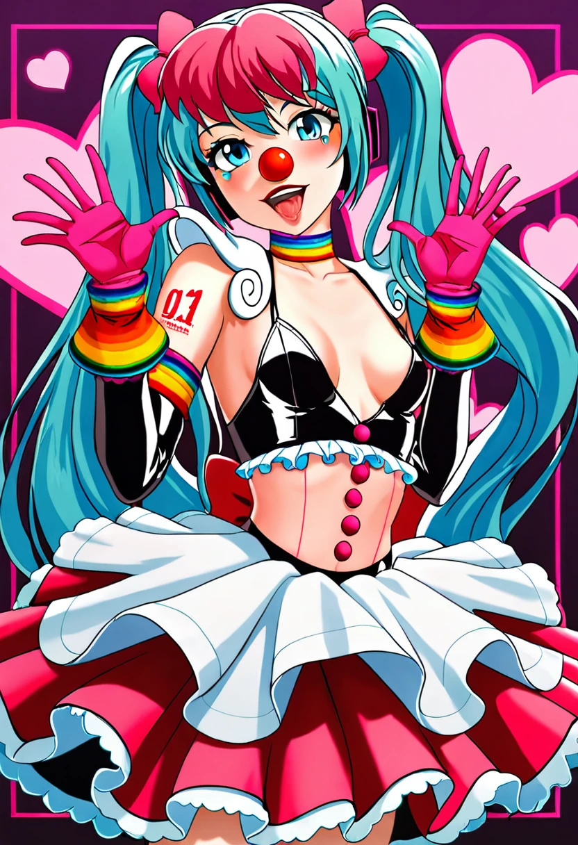 ((high quality:1.2)), 8k, extremely detailed, ((High detail:1.2)), source_anime, (Hatsune Miku), a girl with 18 years old, ((sexy clown cosplay)), ((small breasts:1.4)),