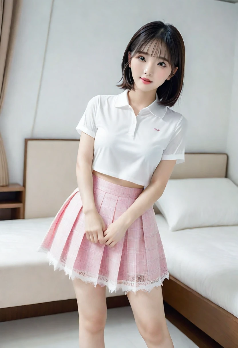 (Highest quality:1.9)、(High resolution)、Live-action image quality、((19 year old female university student、1 person))、Soft lighting by a professional photographer、Natural light、((Very spacious white luxurious room:1.6))、((Bright white room:1.6))、(Standing in front of a very luxurious white bed:1.2)、(White bookshelf background:1.1)、Natural soft light、((Black Hair Color:1.1))、Fair skin、Detailed Eyes、double eyelid、Slightly puffy cheeks、((Small Face:1.0))、((Pink lace short sleeve shirt、Checked mini skirt、Please wear it with the chest open.:1.7))、(smile)、((Girly pose 1.8))、((short hair:1.1))、((Full Body Shot:1.2))、((Height: 145cm))、Hands in front、Hold hands between legs、bangs、