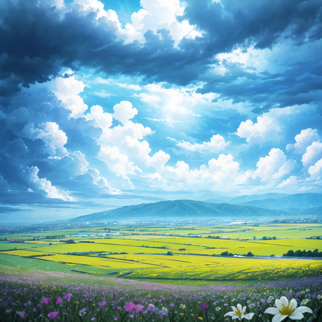 grassland、Flower Field、rain、Cloudy、horizon,there is nothing