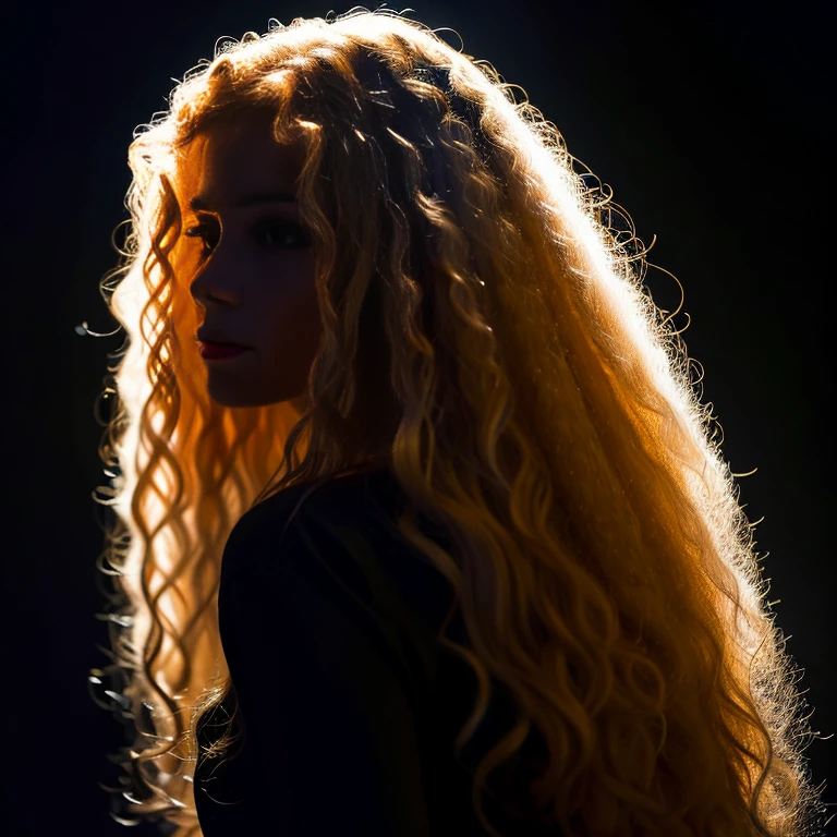 A brazilian woman with long, curly blonde hair looks intently ahead against a dark background.