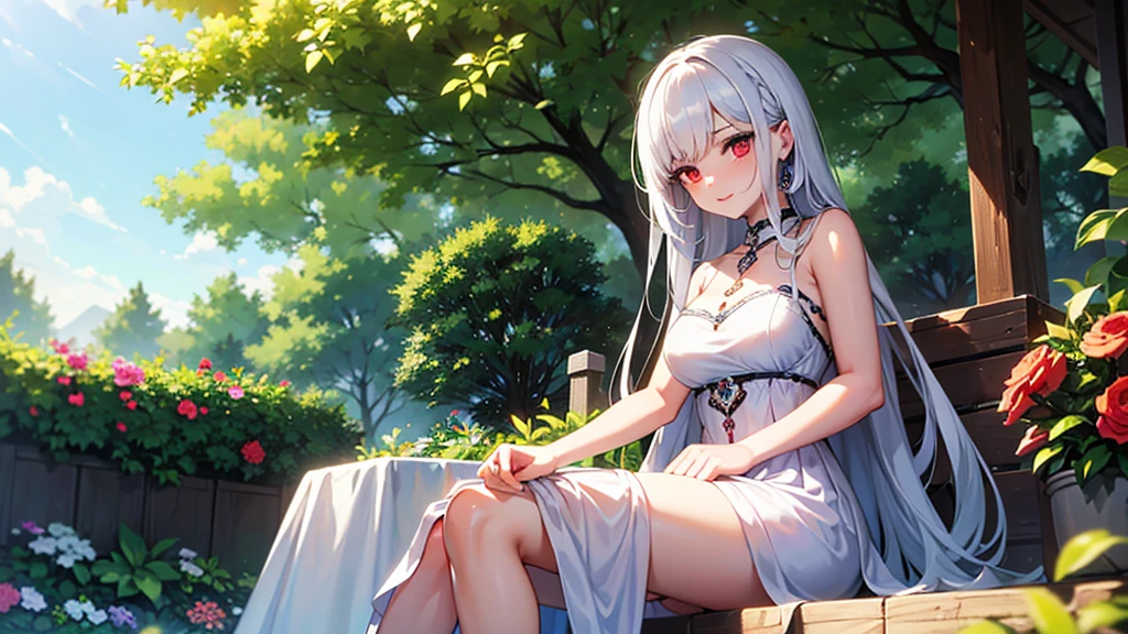 An adult woman with white eyelashes, Red eyes, long white hair, She is covered in jewels and a white dress, is beautiful, she is sitting in a garden . He is 40 years old