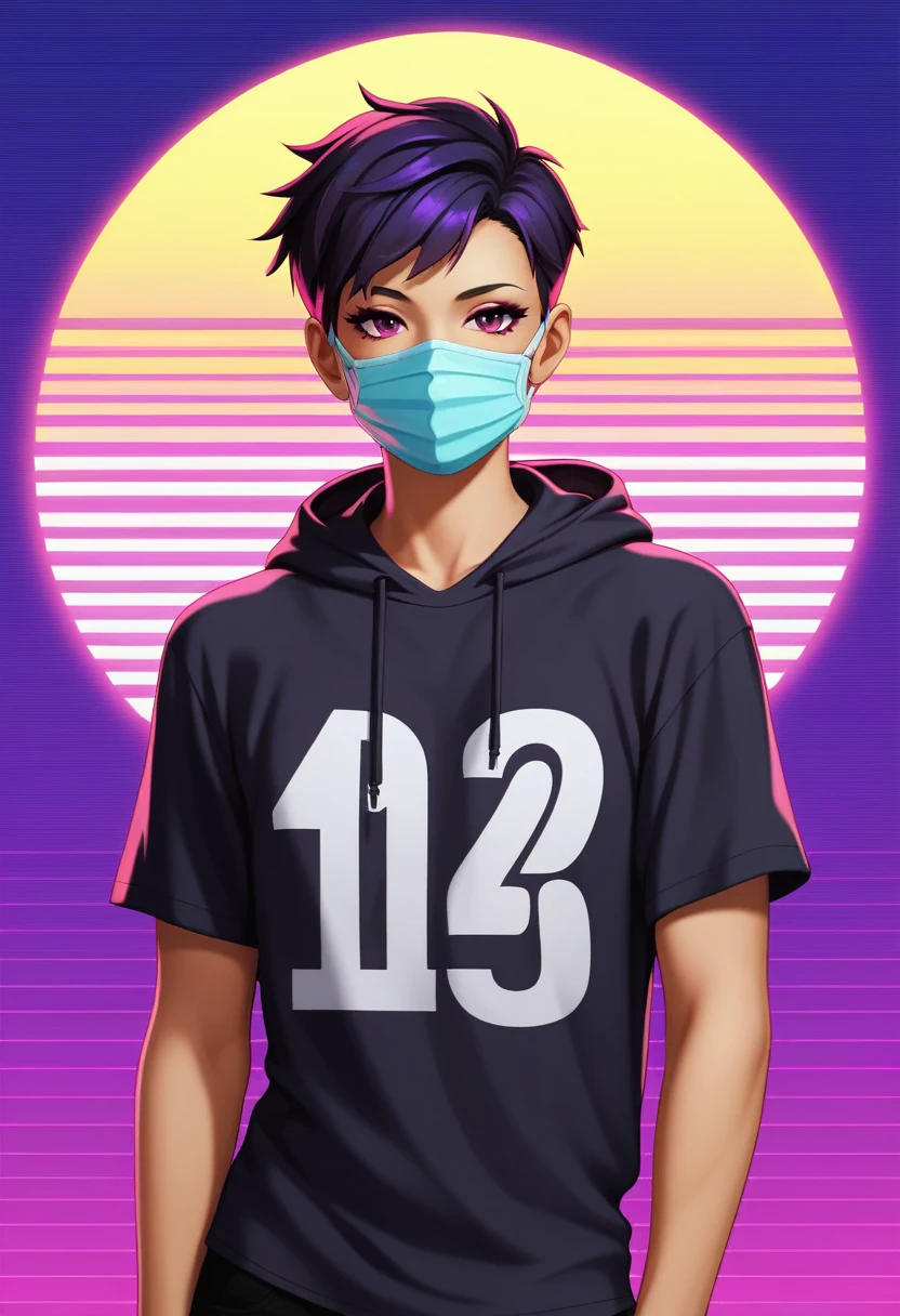 Vector illustration, Minimalism, number, vaporwave style, Beautiful and meticulous illustrations, A little more purple，
Wearing a black crow pattern hoodie，Hacker working in front wearing mask, T-shirt design, dramatic lighting, Trends on ArtStation, Award-winning, Icons are very detailed
