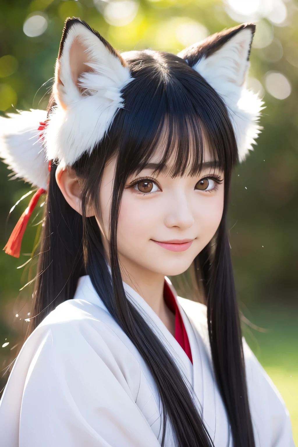 A beautiful fox girl with white skin and silver fox ears., A girl with black hair and a gentle smile&Silver Tail, Wearing a shrine maiden's outfit