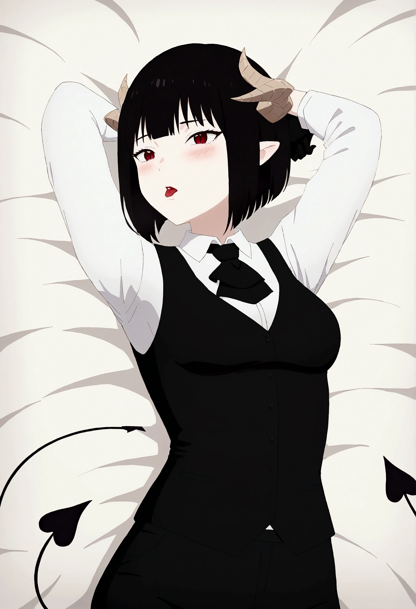 work of art, best qualityer, high resolution, 1girl horns short hair demon tail, white shirt black ascot black gloves black pants black vest lying on your back, sheet, arms up,blushed,face red,Bblack hair,gaping mouth,tongue out,teeths,Hands behind the head