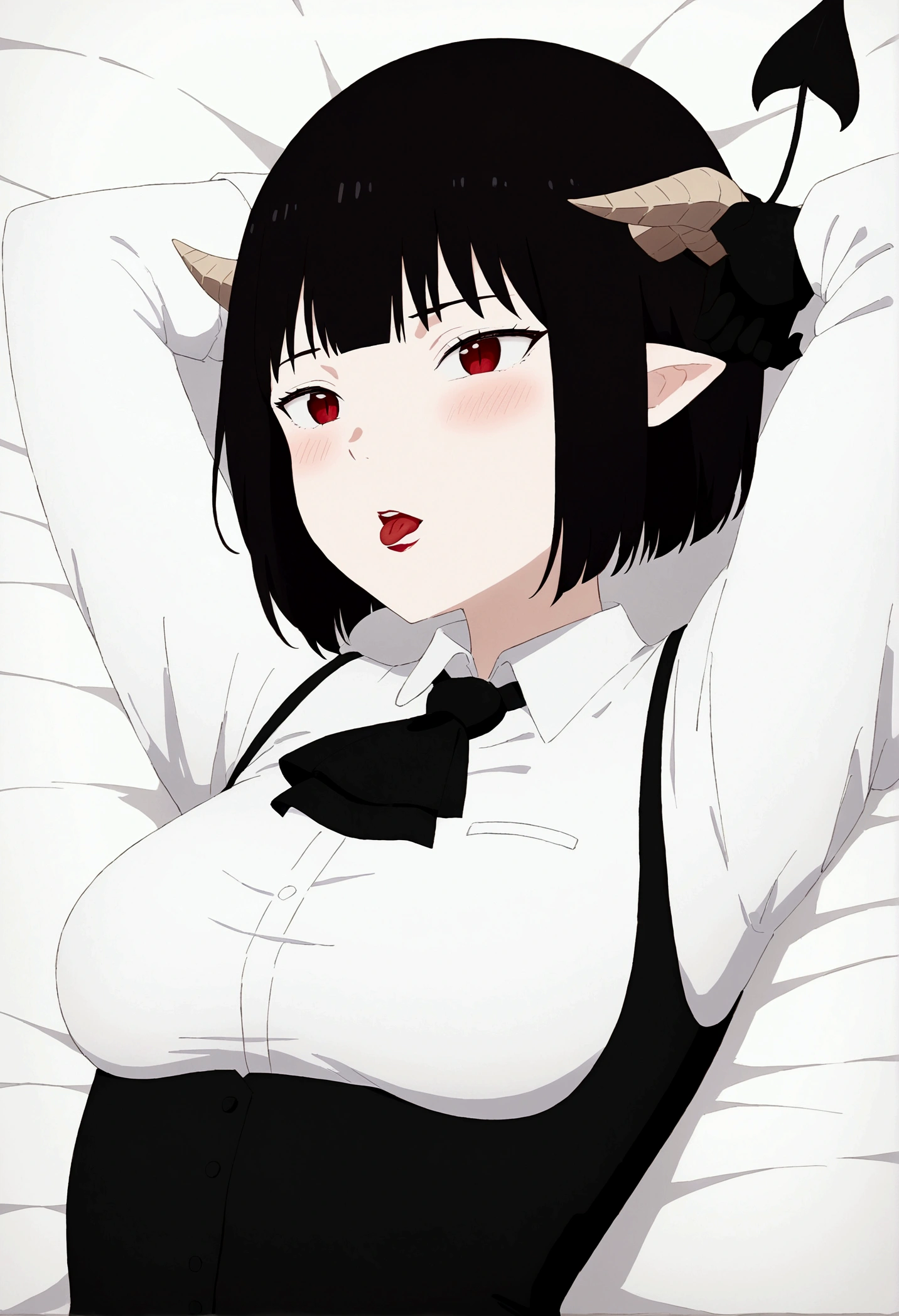 work of art, best qualityer, high resolution, 1girl horns short hair demon tail, white shirt black ascot black gloves black pants black vest lying on your back, sheet, arms up,blushed,face red,Bblack hair,gaping mouth,tongue out,teeths,Hands behind the head