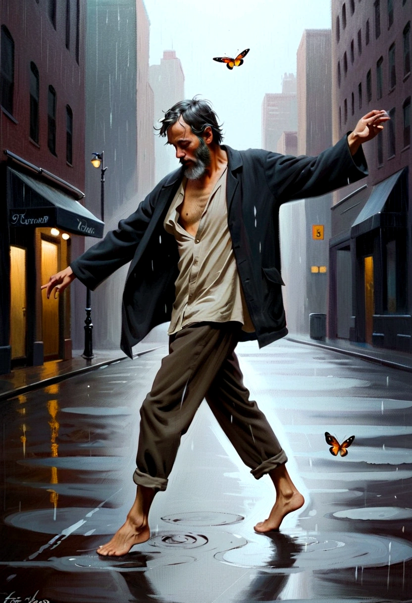 Soul Dancer Mark,A homeless man dancing alone in the rain， souls，crazy，Madness，tension，Barefoot，Loose and worn clothes，Professional ballet movements，Fingertips 1 butterfly，Very contagious，Splash，Light and Shadow，Minimalism，artistic conception，Clean dark background