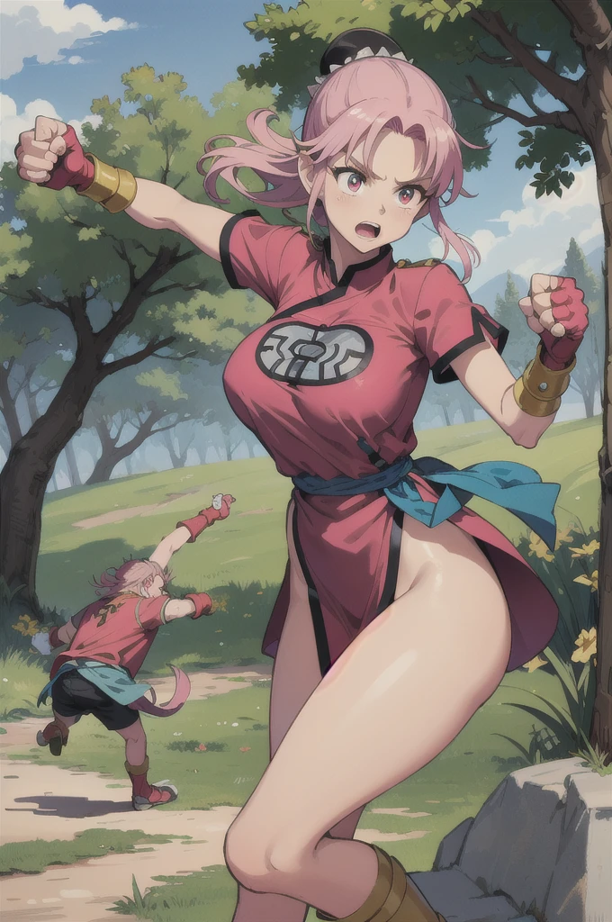 maam,big breasts,beautifuleyes,narrow waist,realistic,solo,outdoor,forest, martialMaam,pink hair,hair bun,long hair,china dress,short sleeves,sash,fingerless gloves,beautiful legs, clenched fists, (action pose,:1.1), (masterpiece, best quality:1.1), (open mouth, clenched fist, action pose,:1.1), fight the Goblins, goblin ambush, maam, dragon quest,