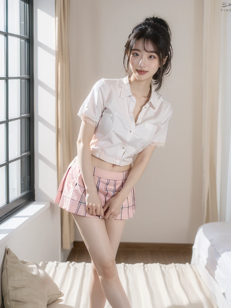 (Highest quality:1.9)、(High resolution)、Live-action image quality、((19 year old female university student、1 person))、Soft lighting by a professional photographer、Natural light、((Very spacious white luxurious room:1.6))、((Bright white room:1.6))、(Standing in front of a very luxurious white bed:1.2)、(White bookshelf background:1.1)、Natural soft light、((Black Hair Color:1.1))、Fair skin、Detailed Eyes、double eyelid、Slightly puffy cheeks、((Small Face:1.0))、((Pink lace short sleeve shirt、Checked mini skirt、Please wear it with the chest open.:1.7))、(smile)、((Girly pose 1.8))、((short hair:1.1))、((Full Body Shot:1.2))、((Height: 145cm))、Hands in front、Hold hands between legs、bangs、