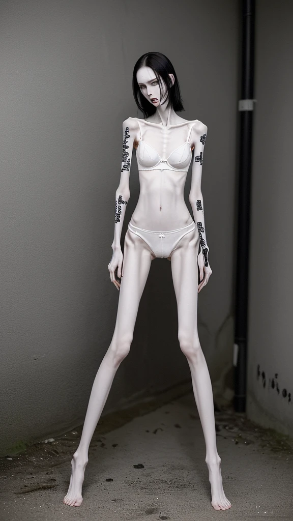 a woman, very thin body, body visible bones, very slender, pale white skin, panties, bra,tatto, sweaty weat body , full body viewed, has a mental breakdown in underground prison