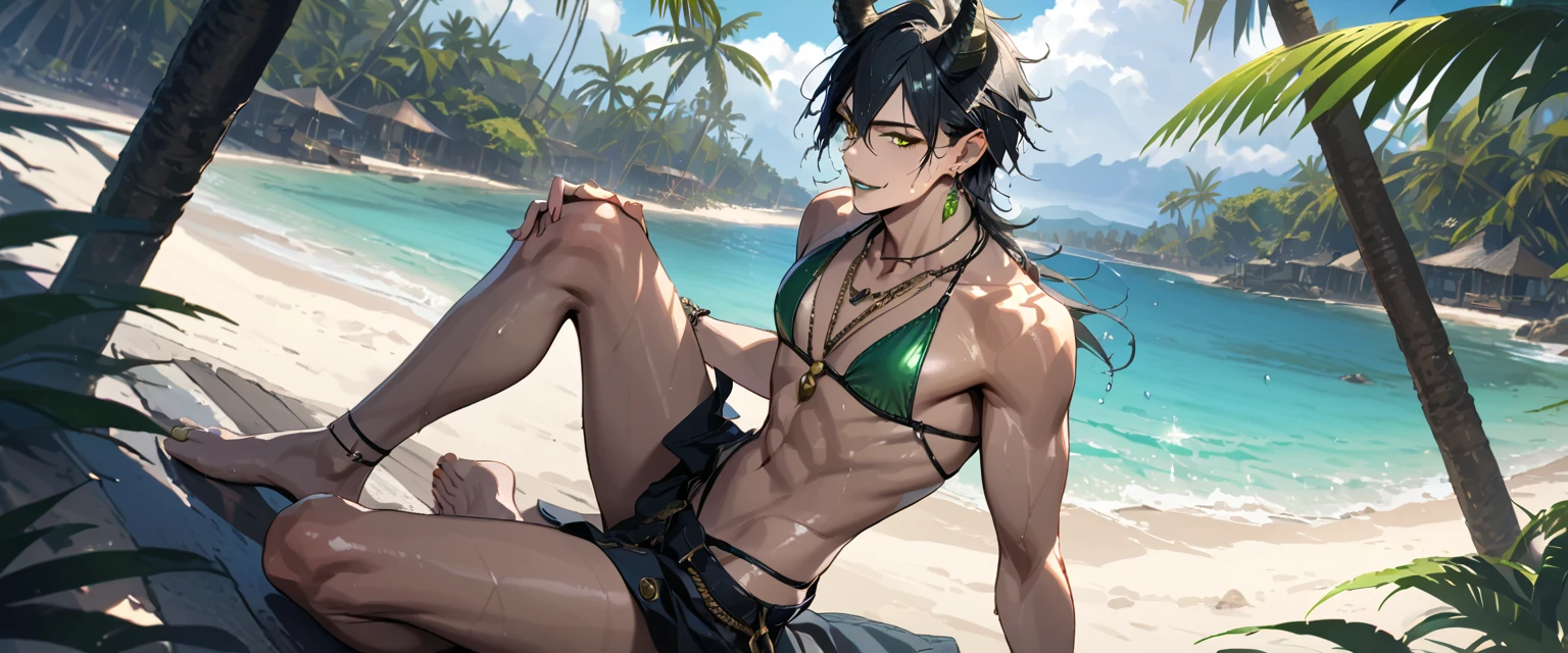 masterpiece, highres, absurdres, illustration, ((masterpiece:1.4, best quality)), (Ultra detailed background), 1boy, handsome man, highly detailed beautiful face and eyes, beautiful eyes, (sharp detail:1.3), shiny, earrings, bracelet, (wet bikini:1.3), Bari, Cebu Island, plumeria, near the beach, 1boy, sitting on floor, dynamic angle, full body, malleus draconia (twisted wonderland) horns, bishounen, boy, male, yana Toboso style, long hair, black hair, yellow green eyes, smile, gray lips, handsome, skinny, tall, yellow green glow,AddXL