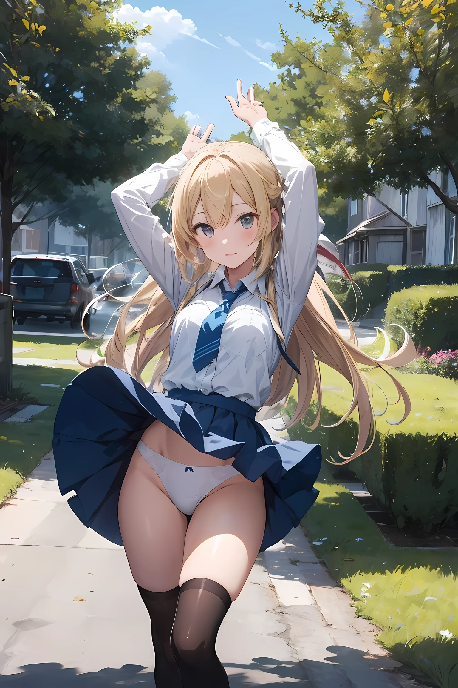 Very nice and beautiful, Anime Style, pretty girl, (Standing Split, Standing on one leg:1.1), One Girl, Long Hair, Blonde hair, Yellow ribbon, White shirt, White panties, Blue tie, Blue Skirt, Black knee-high socks, (Thin thighs: 1.1), plein air, wind