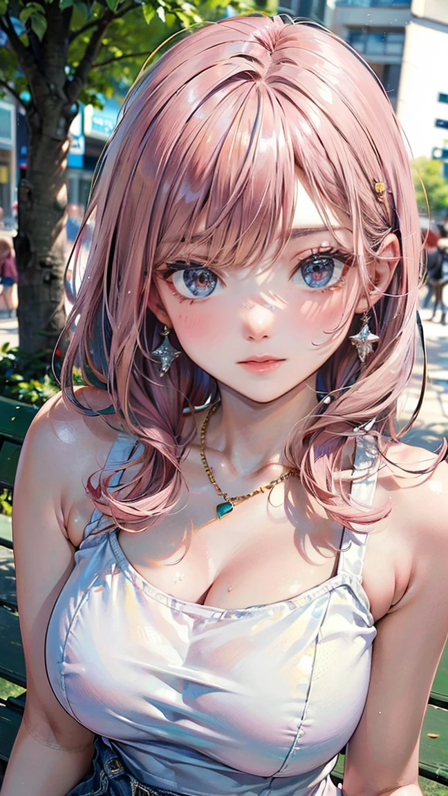 (Masterpiece, BestQuality:1.3), (ultra detailed:1.2), (hyperrealistic:1.3), (RAW photo:1.2), High detail RAW color photo, professional photograph, (Photorealistic:1.4), (realistic:1.4), professional lighting, perfect anatomy, (Big Breasts), (blush, detailed face), (cheerful Smile:1.5), (Pink Hair:1.5), Trending Hair&Trending Hairカラーをランダムに, earrings, necklace, bracelet, sexly, erotic sexly, Random sexy gravure poses, (White chiffon top、Blue denim、Green Park、A refreshing smile、Sitting on a bench, she lifts her top to show her breasts and sticks out her tongue: 1.3)