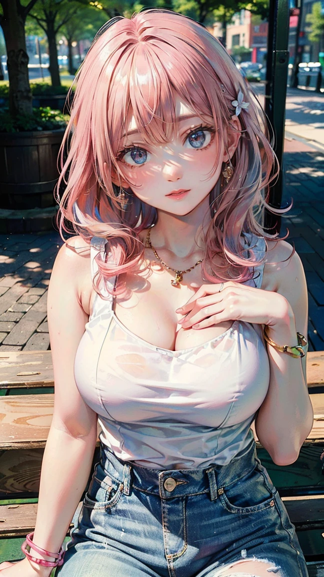 (Masterpiece, BestQuality:1.3), (ultra detailed:1.2), (hyperrealistic:1.3), (RAW photo:1.2), High detail RAW color photo, professional photograph, (Photorealistic:1.4), (realistic:1.4), professional lighting, perfect anatomy, (Big Breasts), (blush, detailed face), (cheerful Smile:1.5), (Pink Hair:1.5), Trending Hair&Trending Hairカラーをランダムに, earrings, necklace, bracelet, sexly, erotic sexly, Random sexy gravure poses, (White chiffon top、Blue denim、Green Park、A refreshing smile、Sitting on a bench, she lifts her top to show her breasts and sticks out her tongue: 1.3)