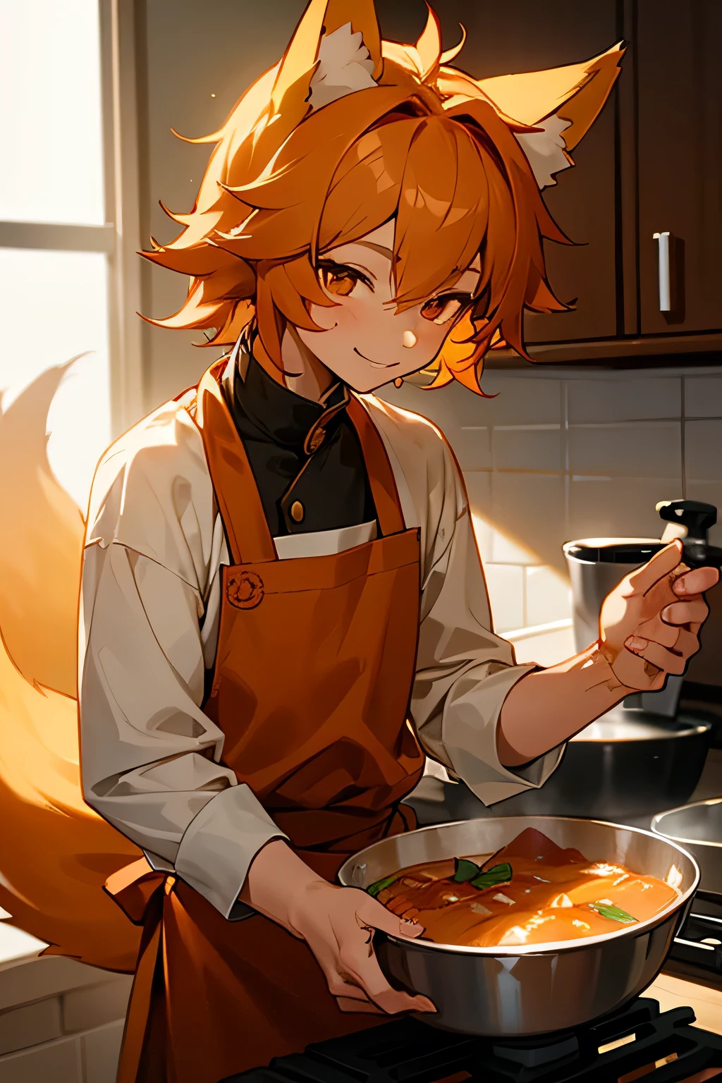 Foxboy With Light Skin And cinnamon Colored Fox Ears, Hair and Tail with a gentle smile on his face as hes in the kitchen, cooking a delicious meal