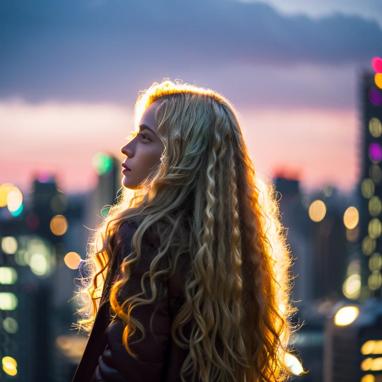 A brazilian woman with long, curly blonde hair looks intently ahead against a city background.