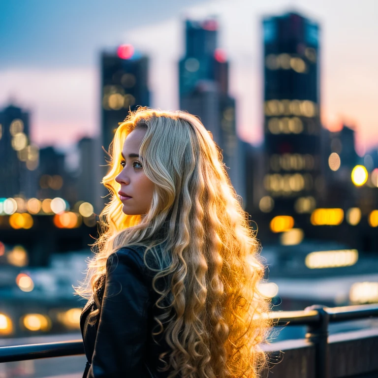 A brazilian woman with long, curly blonde hair looks intently ahead against a city background.