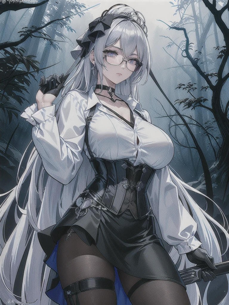 Masterpiece, Beautiful art, professional artist, 8k, art style by sciamano240, rostro de Bronya Zaychik, detailed body, Very detailed face, very detailed eyes, Detailed clothing, detailed fabric, Best Quality, better resolution, 1 girl, front view, big breasts, serious expression, at night , silver hair, glasses, choker:1.6, (long sleeve white collar buttoned shirt), (shiny black corset), black gloves covering your hands, holding an ax with his hand, (shiny black tight mini skirt), looking at the viewer, dark forest, Atmosphere, fog, at night