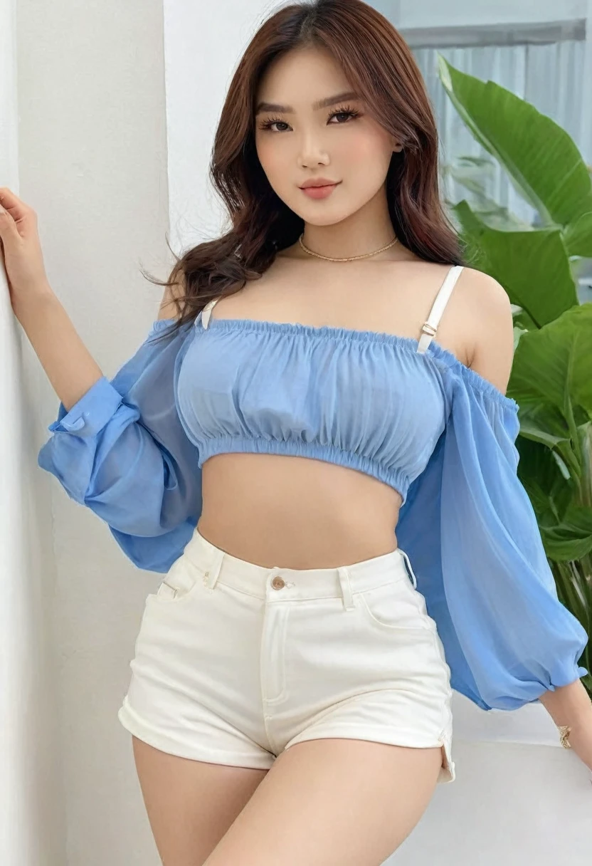 ((high quality:1.2)), work of art, (8k), extremely detailed, ((High detail:1.2)), ((best resolution:1.4)), Solo, 24 years old Vietnamese female, ((cropped, mini-shorts)), BREAK, (((perfect hourglass hot body))), (((square and defined face of an extremely perfect and beautiful model))), 
