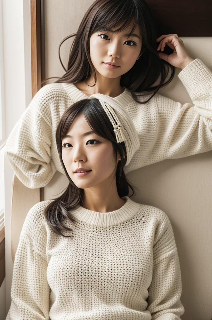 A photo of a Japanese white woman with a crochet white sweater