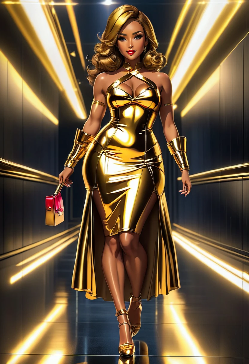 solo 1female, mature ifbb, tan skinned tanned, lipstick, full lips, (reflective:1.5 glossy gold dress, long fullbody dress)