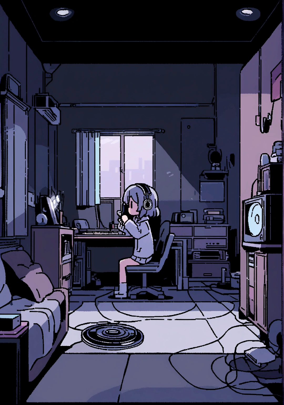 night、Girl listening to music in a cozy room, Using headphones, 2D-style animation, Lo-Fi, hard disk, Dark Environment