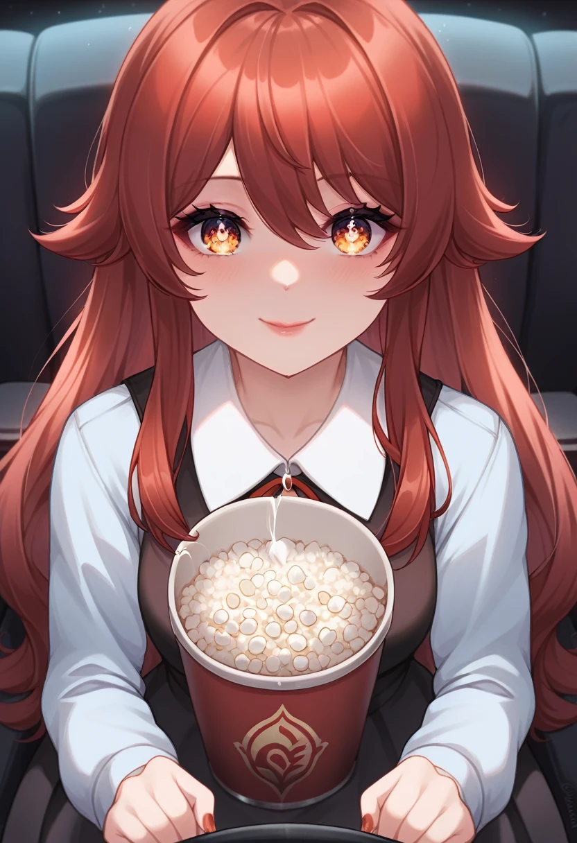 best quality, solo girl, 4k, high resolution , anime girl , young girl, 24 years old, bangs, long hair, cute face, perfect shot, perfect anatomy, detailed face, detailed eyes, cinema background , tall girl , 2 girls, futanari, big penis, horse penis, cockring,realistic, 4k , masterpiece, best quality , ilustration, digital art, pov, popcorn, porcon bucket, sitting, watching a movie, full body, , close up, hutao, genshin impact, red seats, ejaculating, lot of cum, cum in popcorn