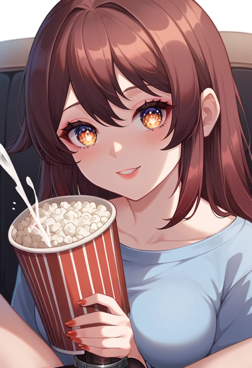 best quality, solo girl, 4k, high resolution , anime girl , young girl, 24 years old, bangs, long hair, cute face, perfect shot, perfect anatomy, detailed face, detailed eyes, cinema background , tall girl , 2 girls, futanari, big penis, horse penis, cockring,realistic, 4k , masterpiece, best quality , ilustration, digital art, pov, popcorn, porcon bucket, sitting, watching a movie, full body, , close up, hutao, genshin impact, red seats, ejaculating, lot of cum, cum in popcorn