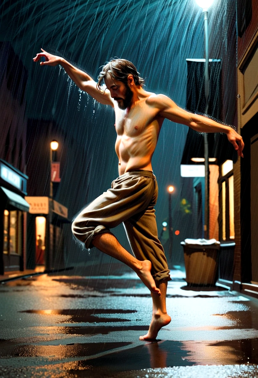 Award-winning photography,Soul Dancer Mark,A homeless man dancing alone in the rain, souls,crazy,Madness,tension,Barefoot,Loose and worn clothes,Professional ballet movements,Fingertips 1 butterfly,Very contagious,Splash,Light and Shadow,Minimalism,artistic conception,Clean dark background