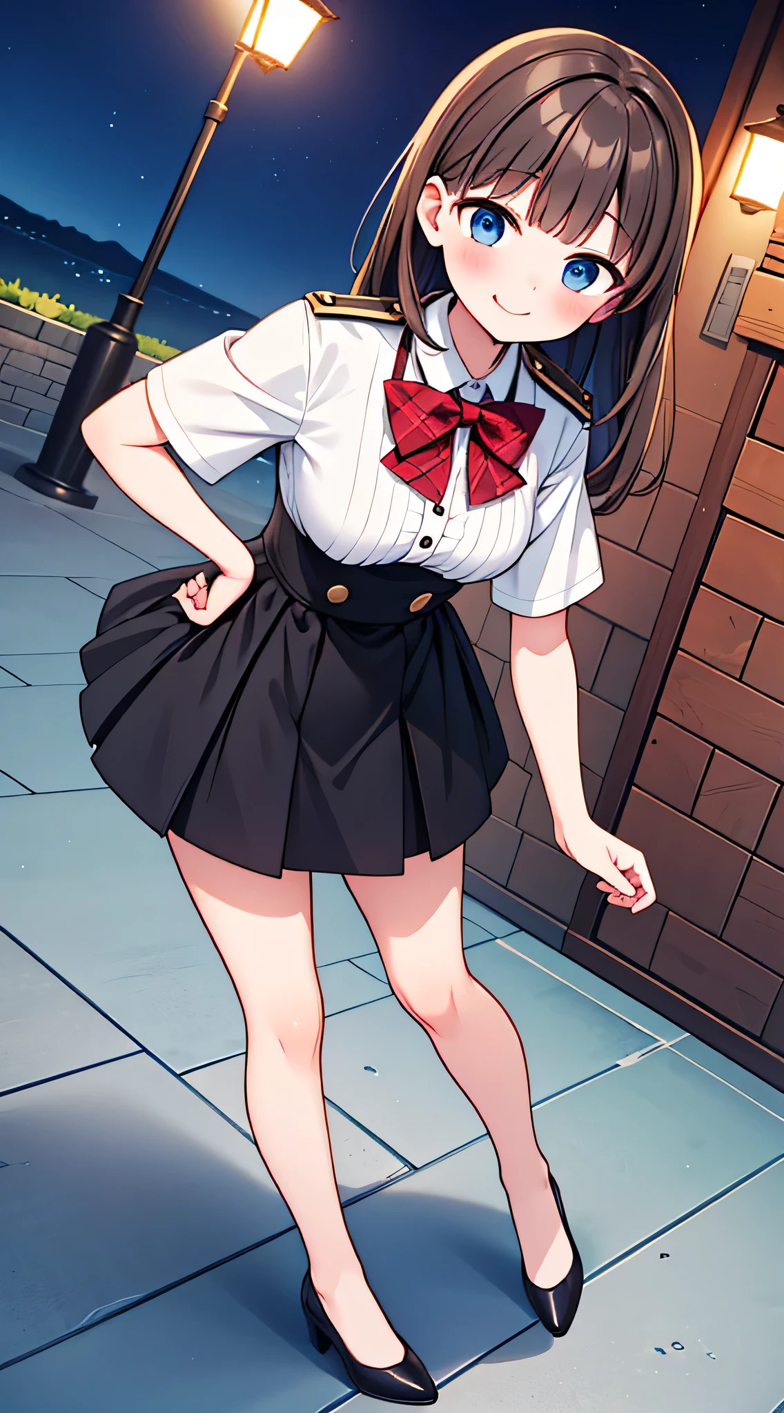 {Highest quality}, {Super beautiful},{Ultra fine},{Best illustration},Brown Hair,Hime cut,semi-long,Bangs,Standing Woman,Uniform cap,White Shirt,Short sleeve,Long black skirt,Night Park,Embarrassed,smilingly,Blushing,Slender women, A woman wearing plain black pumps,Bare feet and pumps,From an angle,From above