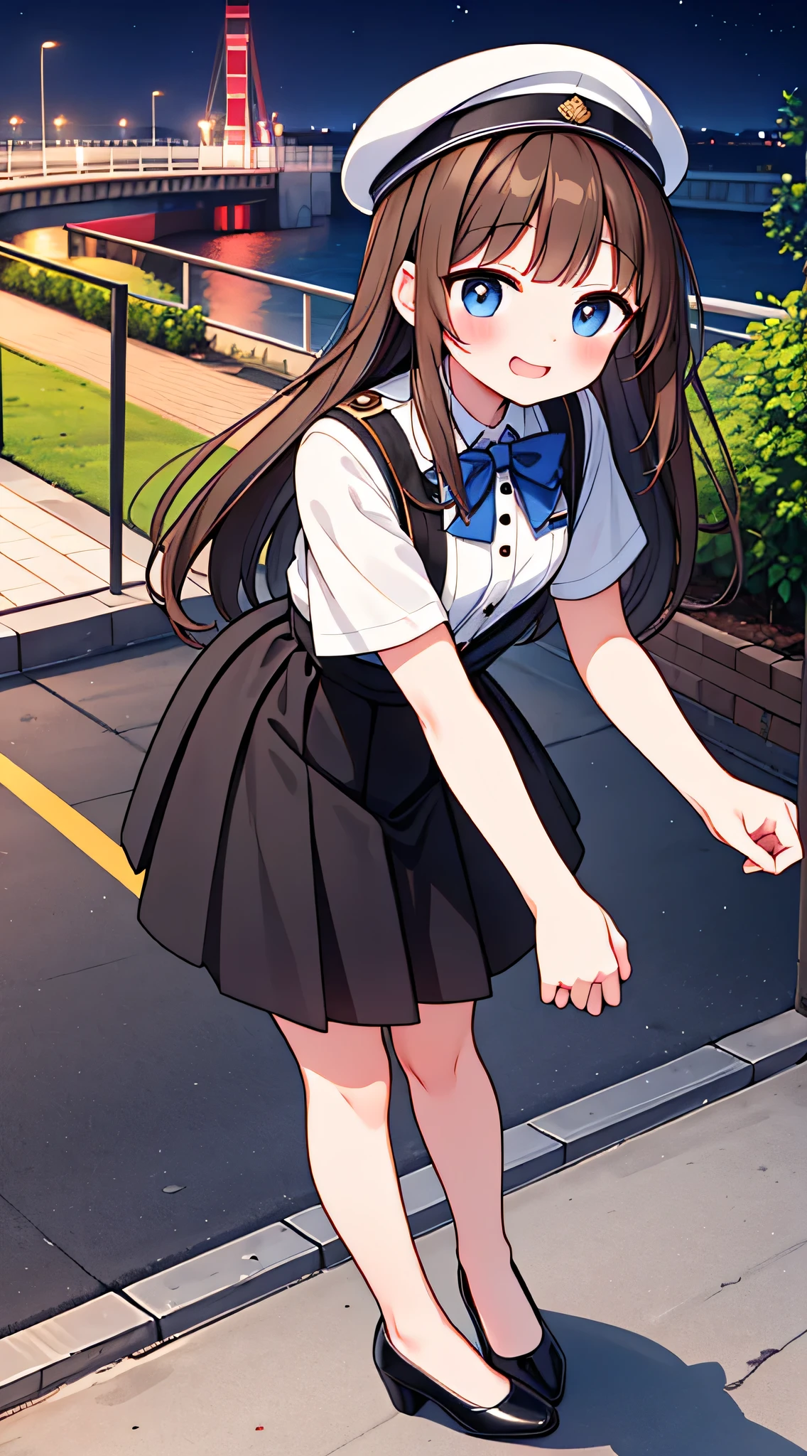 {Highest quality}, {Super beautiful},{Ultra fine},{Best illustration},Brown Hair,Hime cut,semi-long,Bangs,Standing Woman,Uniform cap,White Shirt,Short sleeve,Long black skirt,Night Park,Embarrassed,smilingly,Blushing,Slender women, A woman wearing plain black pumps,Bare feet and pumps,From an angle,From above