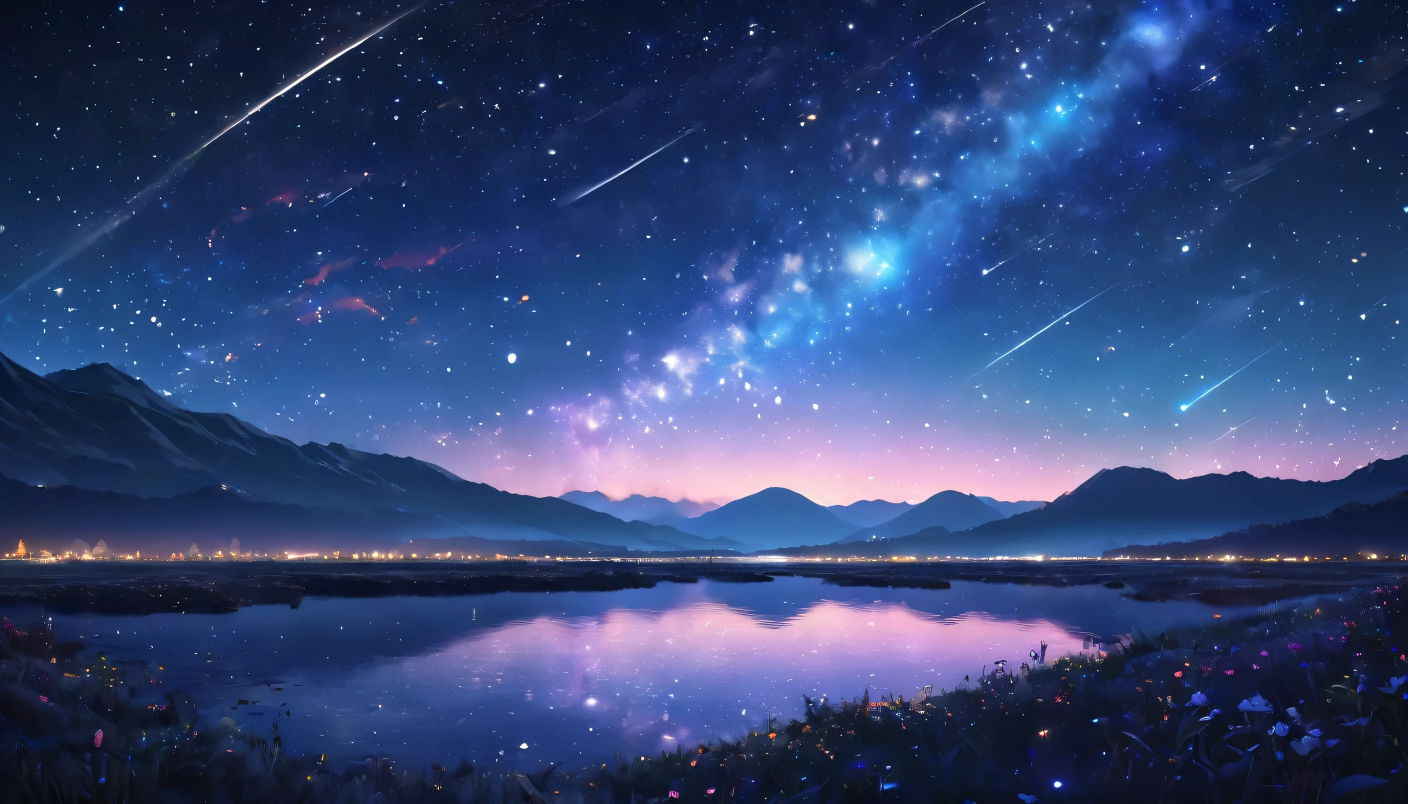 A detailed anime night landscape, detailed starry night sky with no moon, intricate and glowing stars, beautiful moonless night, highly detailed, 8k, photorealistic, professional, cinematic lighting, glowing nebulae, atmospheric haze, detailed foreground elements, serene and tranquil atmosphere, vibrant colors, dramatic lighting