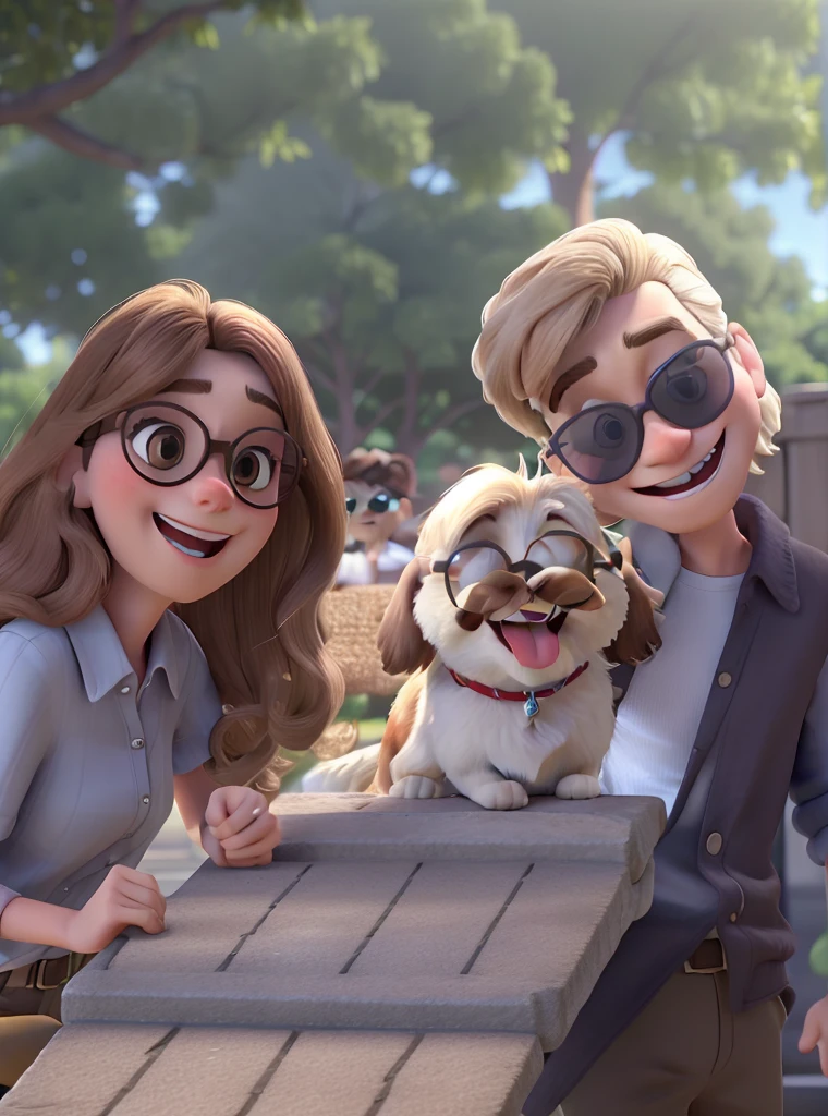 Woman with blonde hair wearing ray bun sunglasses. Young man with brown hair wearing ray ban sunglasses. White and brown shitzu dog with tongue out and no glasses. Pixar-style. high qualiy. CLEAR DETAILS. Pixar-style.