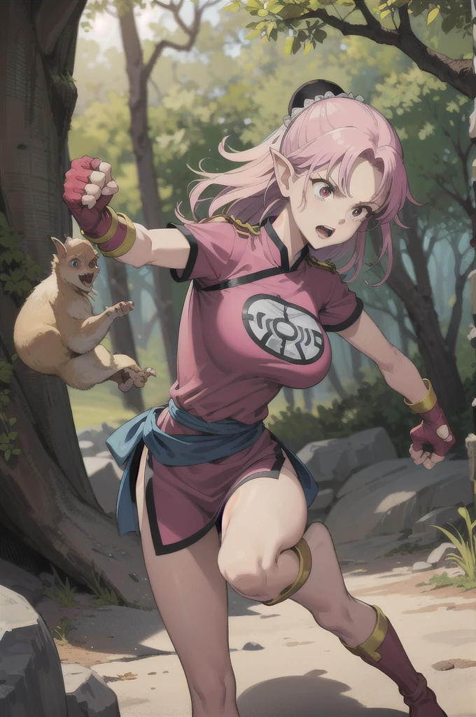 maam,big breasts,beautifuleyes,narrow waist,realistic,solo,outdoor,forest, martialMaam,pink hair,hair bun,long hair,china dress,short sleeves,sash,fingerless gloves,beautiful legs, clenched fists, (action pose,:1.1), (masterpiece, best quality:1.1), (open mouth, clenched fist, action pose,:1.1), (fight against goblin:1.5), (goblin ambush), maam, dragon quest,