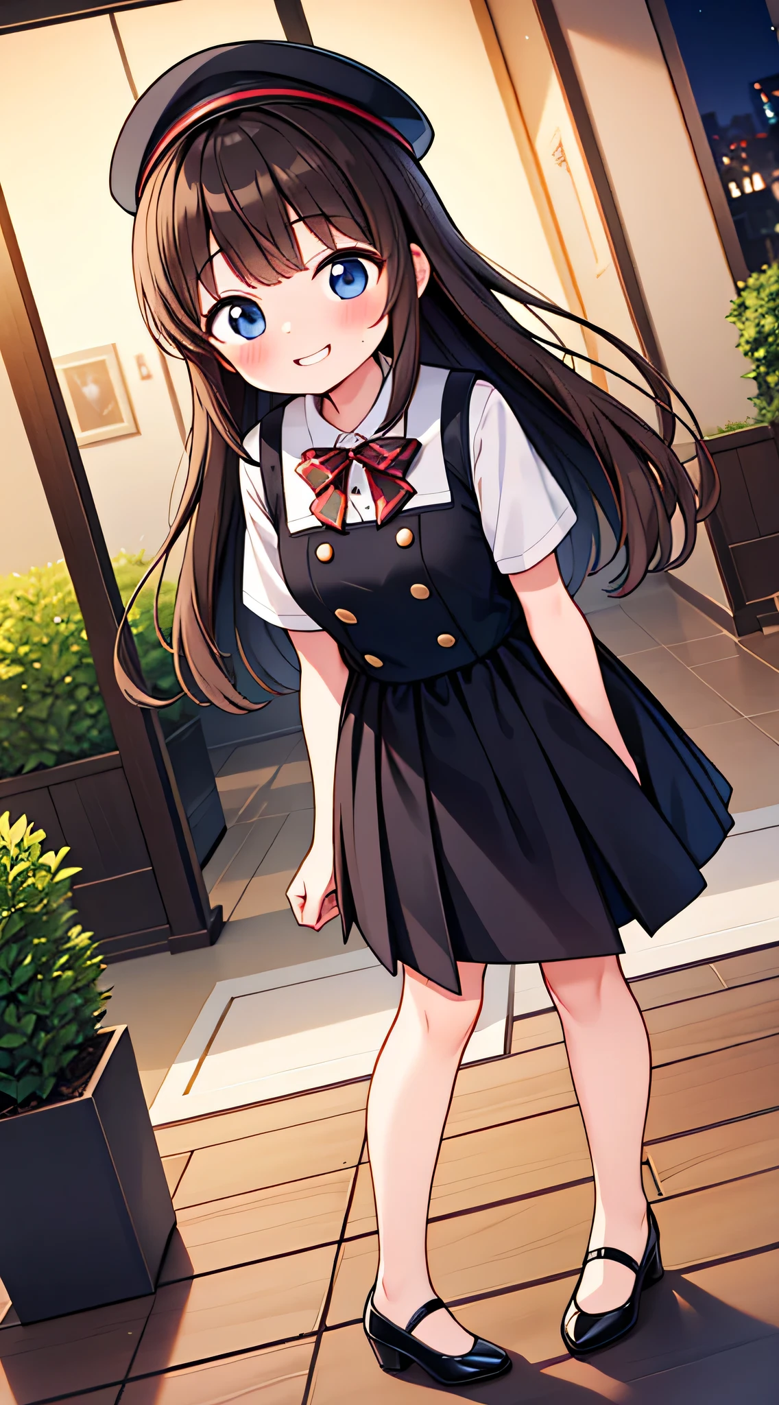 {Highest quality}, {Super beautiful},{Ultra fine},{Best illustration},Brown Hair,Hime cut,semi-long,Bangs,Standing Woman,Uniform cap,White Shirt,Short sleeve,Long black skirt,Night Park,Embarrassed,smilingly,Blushing,Slender women, A woman wearing plain black pumps,Bare feet and pumps,From an angle,From above