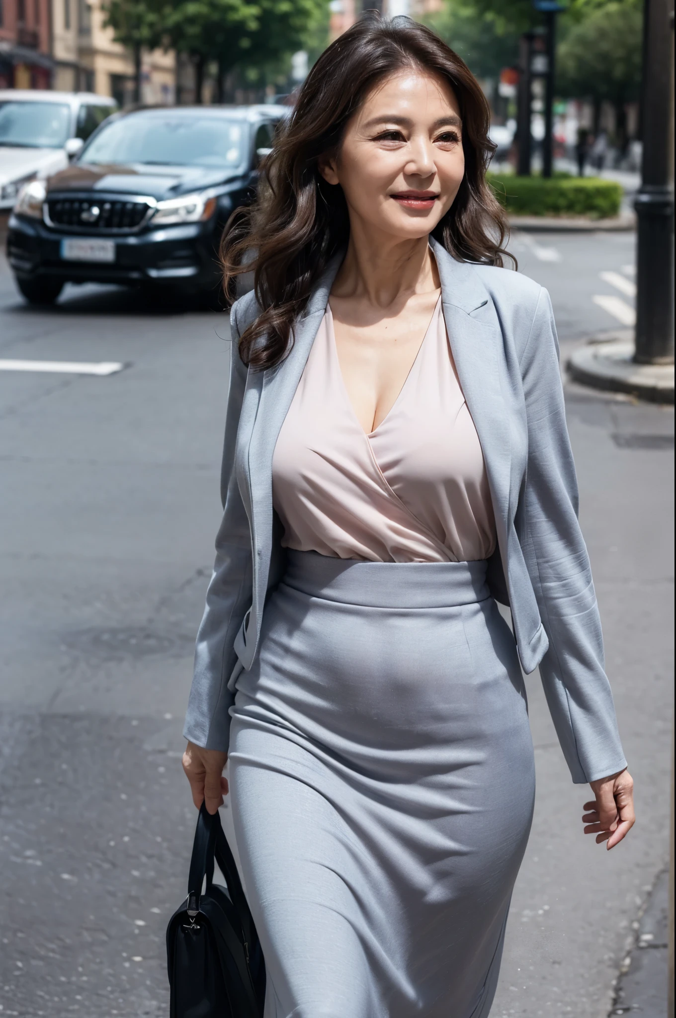 (masterpiece:1.4),(68-year-old woman:1.5),(facial wrinkles 1.2),A kind smile,Long Wavy Hair, Motherhood Mature Woman, (tight skirt : 1), suit