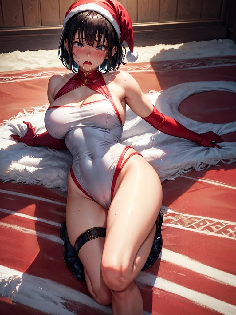 Highest quality,Highest Resolution,Beautiful girl in Santa Claus leotard,High leg,Black short hair,whole body,front,Crying face,Tears,Sweating profusely,(((Open your mouth and drool))),Very beautiful eyes,Bedroom,