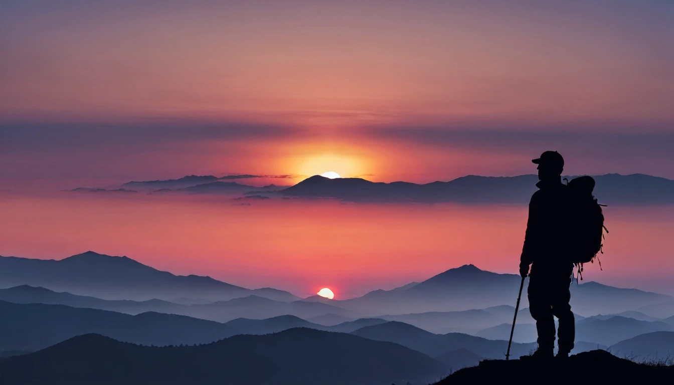 Mountain, sunset, Silhouette of a person, Beautiful Landscape