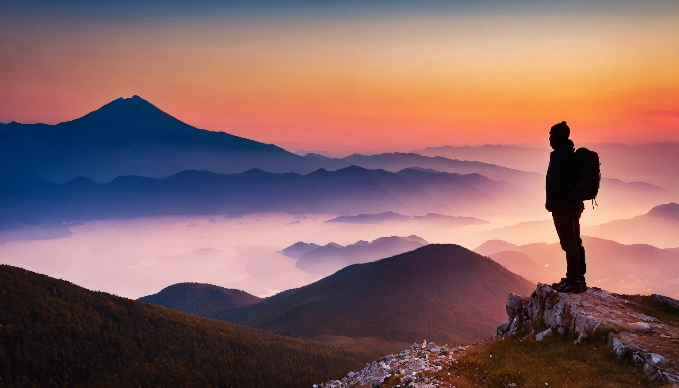 Mountain, sunset, Silhouette of a person, Beautiful Landscape